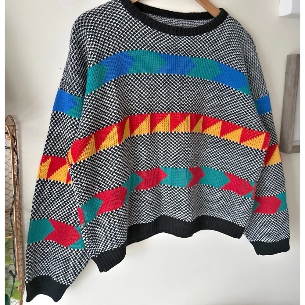 Vintage 80s 90s Southwestern Geometric Graphic Knit Sweater Adele Made USA Sz XL